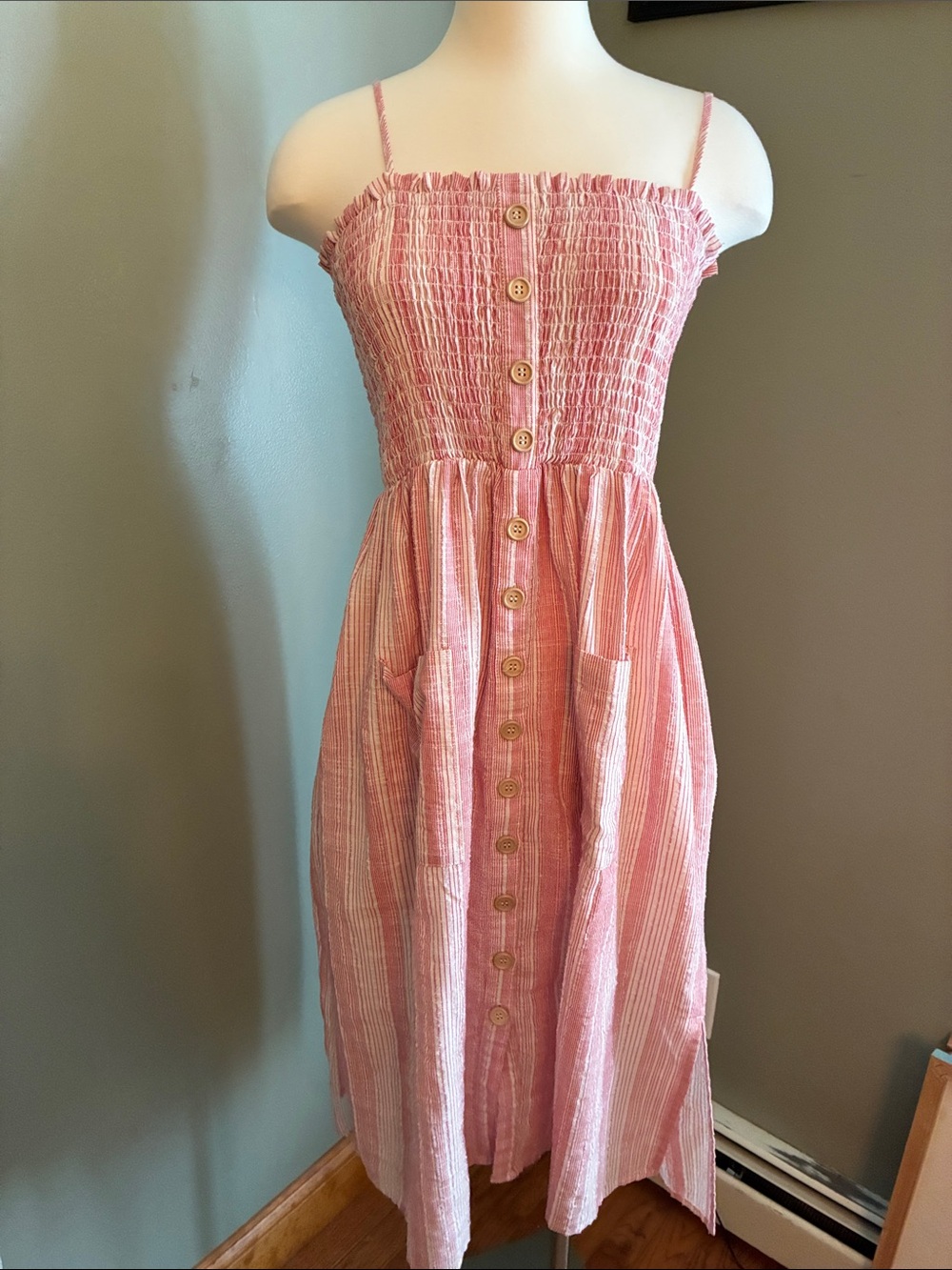easel red Striped Smocked Button Midi Dress with Pockets